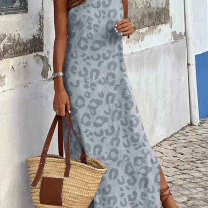 Kvinna Tankklänning Lång Ärmlös Polyester Leopardmönster-3