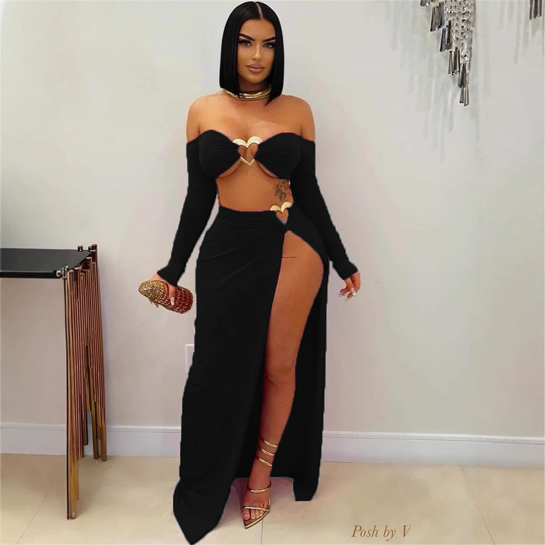 Dam Crop Top Lång Rock Set Polyester Spandex 4