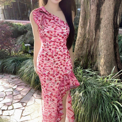 Kvinna Maxi Klänning Asymmetrisk Polyester med Blommönster-3