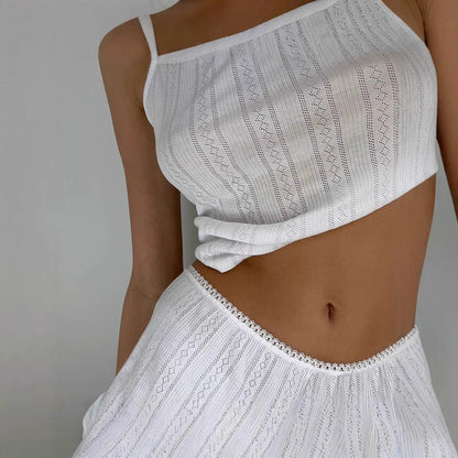 Dam Casual Set med Geometriskt Mönster – Ärmlös Top och Korta Byxor i Vit och Svart Jacquard 4