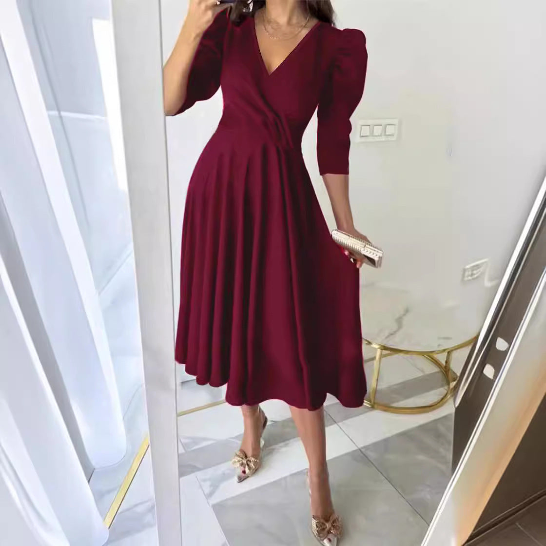 Dam Klänning med Veckad Midja och Tre-Fjärdedels Ärmar i Polyester-2