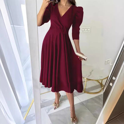 Dam Klänning med Veckad Midja och Tre-Fjärdedels Ärmar i Polyester-2