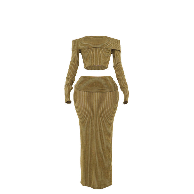 Kvinnors Axelfri Topp Figurkramande Kjol Elastisk Stickad Set-6