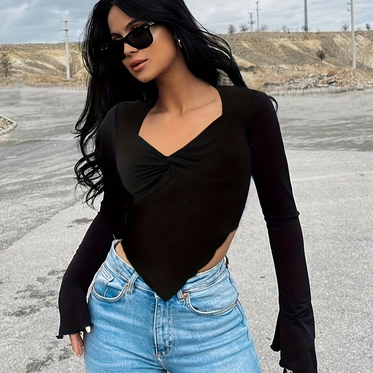 Dam Långärmad T-shirt V-ringad Monokrom Polyester-2