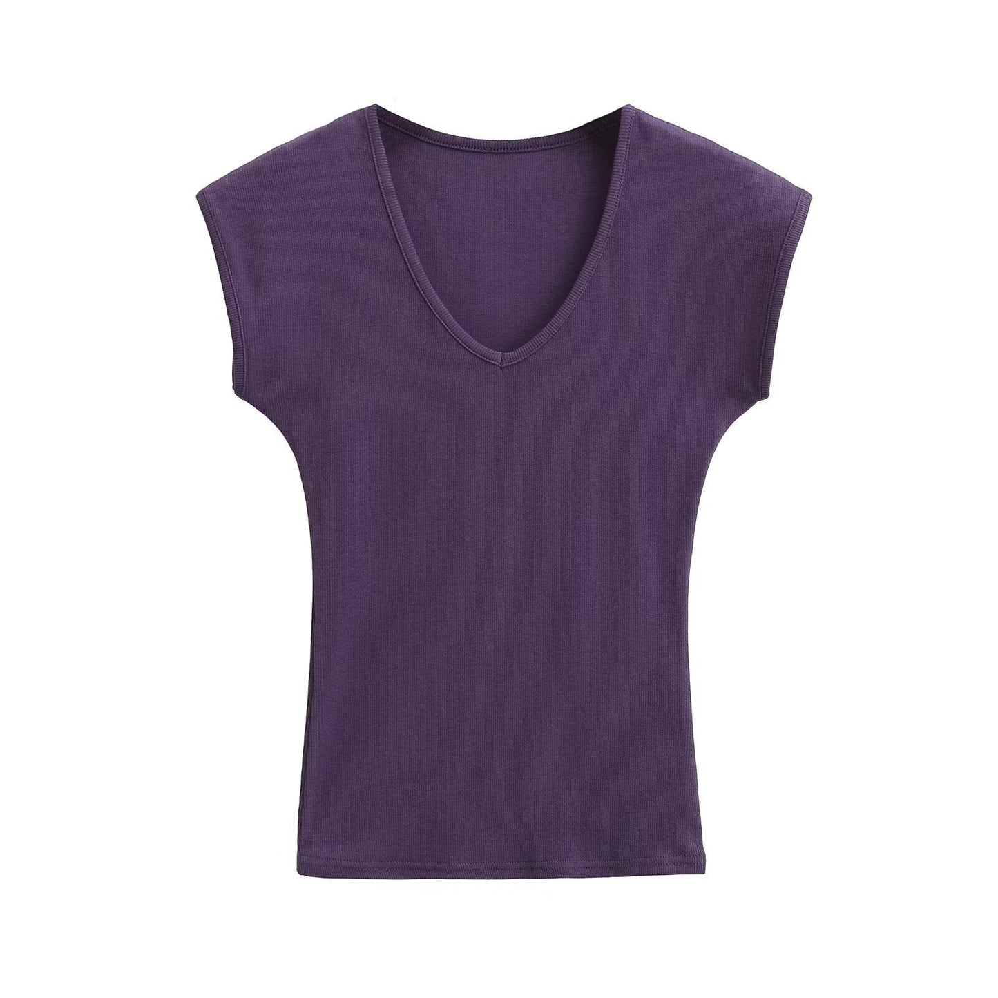 Kvinnors V-ringad Topp Ribbad Andningsbar Material-6