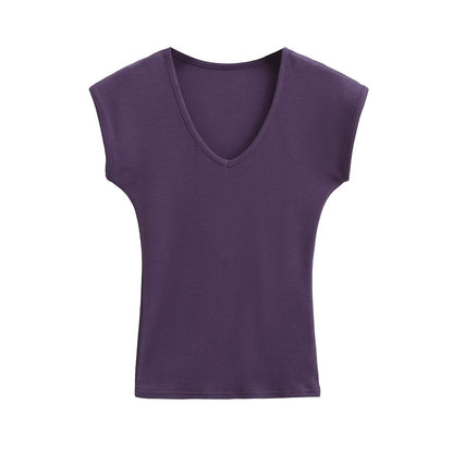 Kvinnors V-ringad Topp Ribbad Andningsbar Material-6