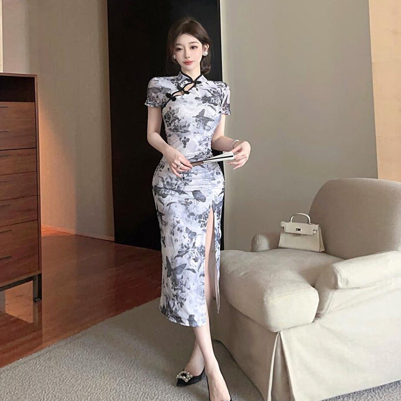 Damklänning Cheongsam med Hög Slits och Tre Fjärdedelar Ärmar i Polyester-4