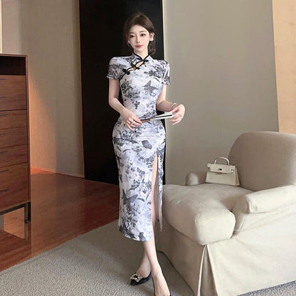 Damklänning Cheongsam med Hög Slits och Tre Fjärdedelar Ärmar i Polyester-4