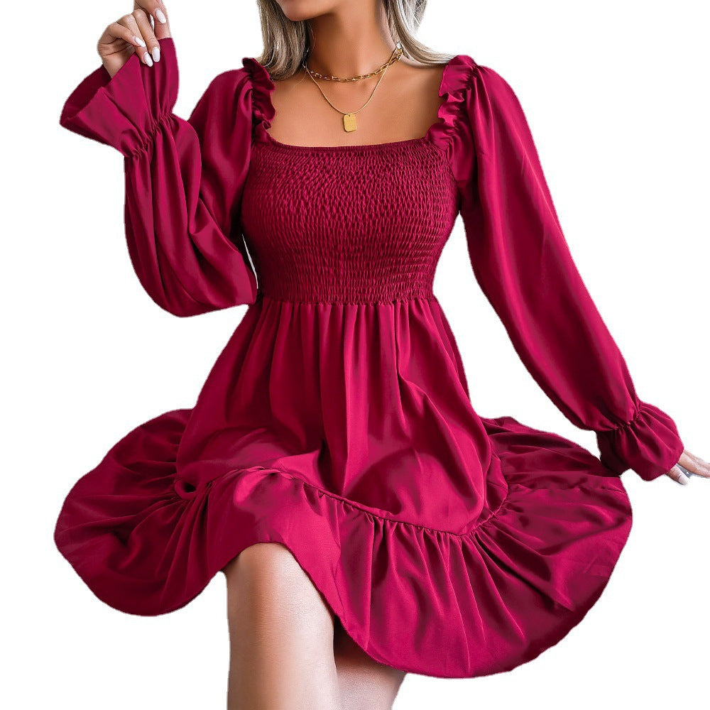 Kvinnors Midi Klänning Rynkad Fyrkantig Halsringning Polyester-2