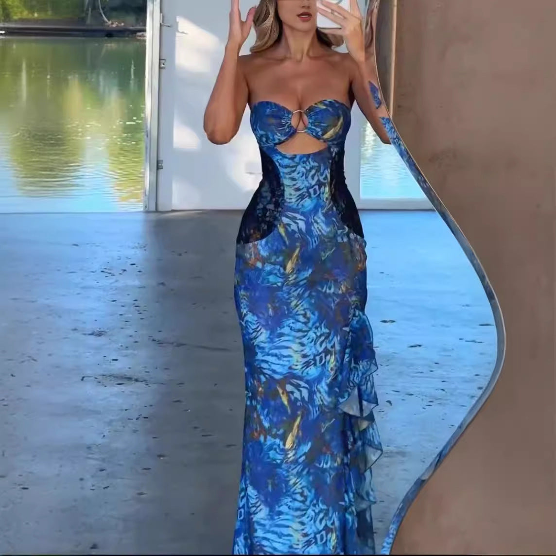 Kort Klänning Dam Tryckt Spaghetti Bärare Polyester-4