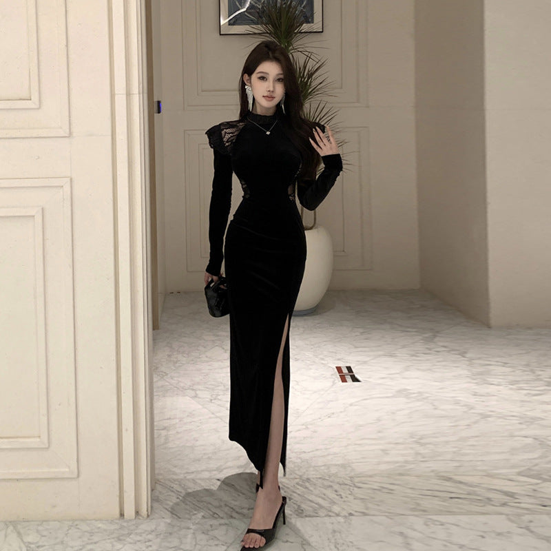 Maxiklänning Dam Halvhög Krage med Spalt i Polyester-3