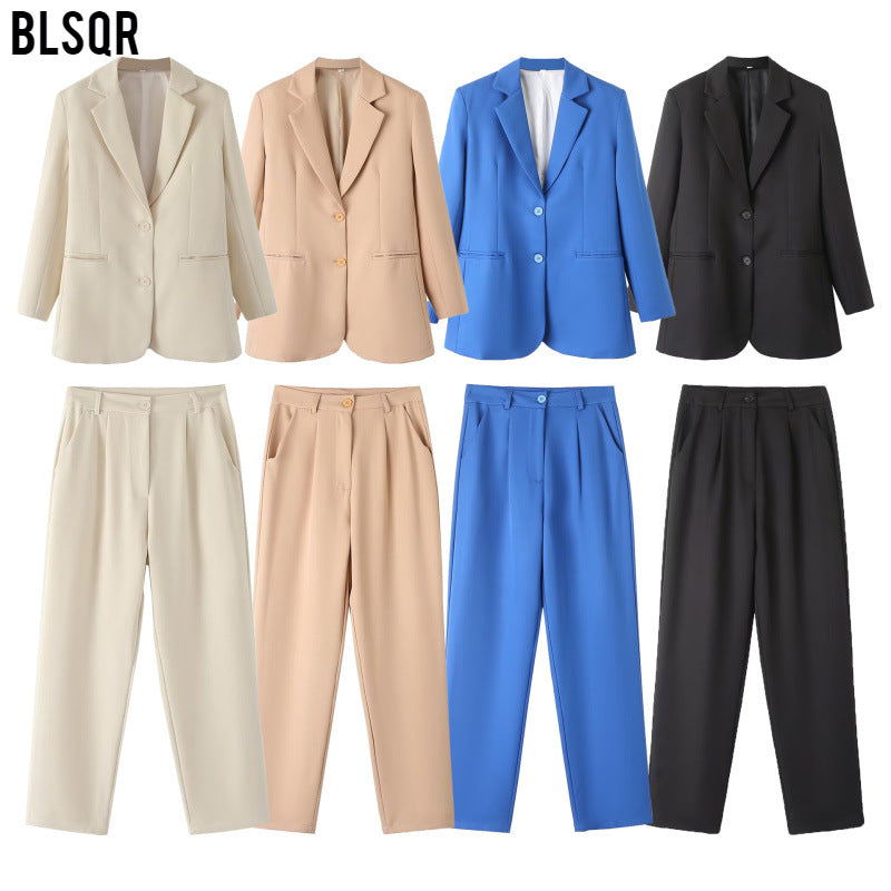 Dam Blazer Set Hög Midja Raka Byxor Polyester Blandning-2