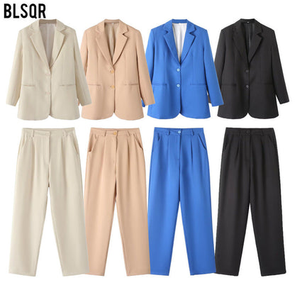 Dam Blazer Set Hög Midja Raka Byxor Polyester Blandning-2