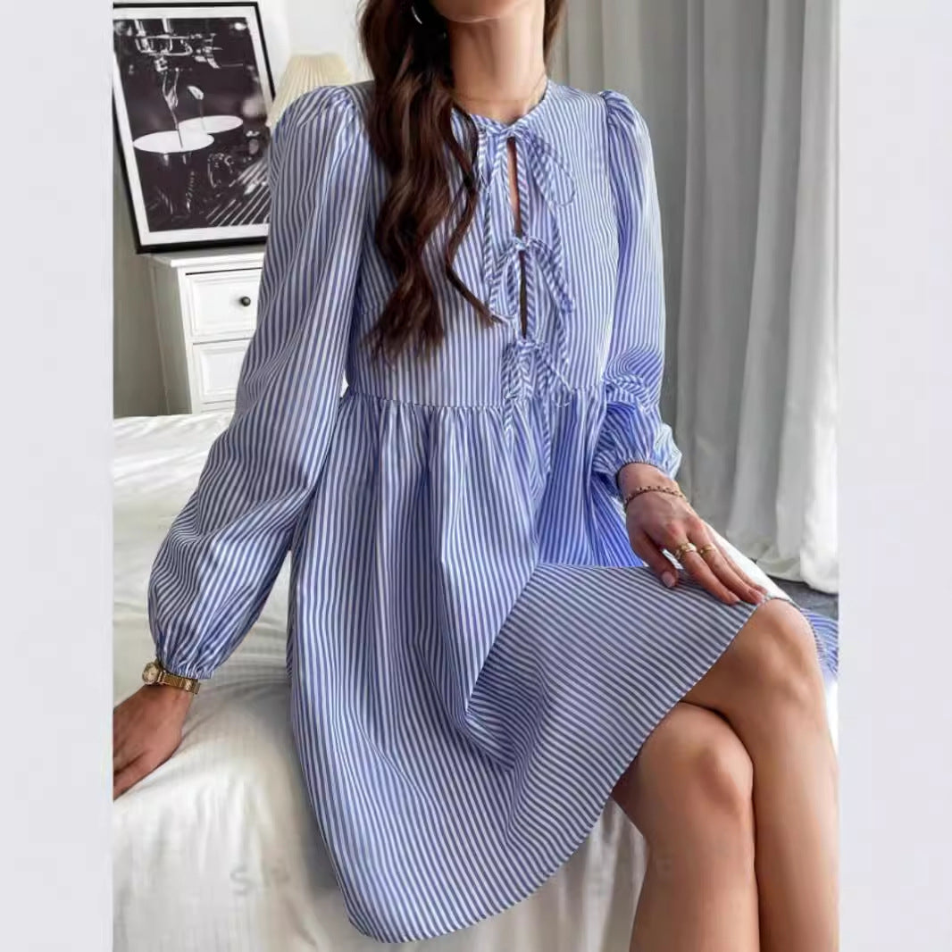 Kvinnors Midi Klänning Puffärmar Randig Bomullsblandning-5