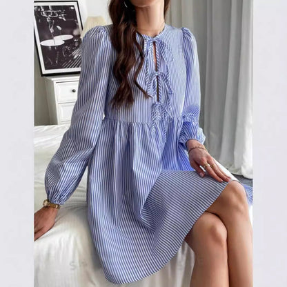 Kvinnors Midi Klänning Puffärmar Randig Bomullsblandning-5