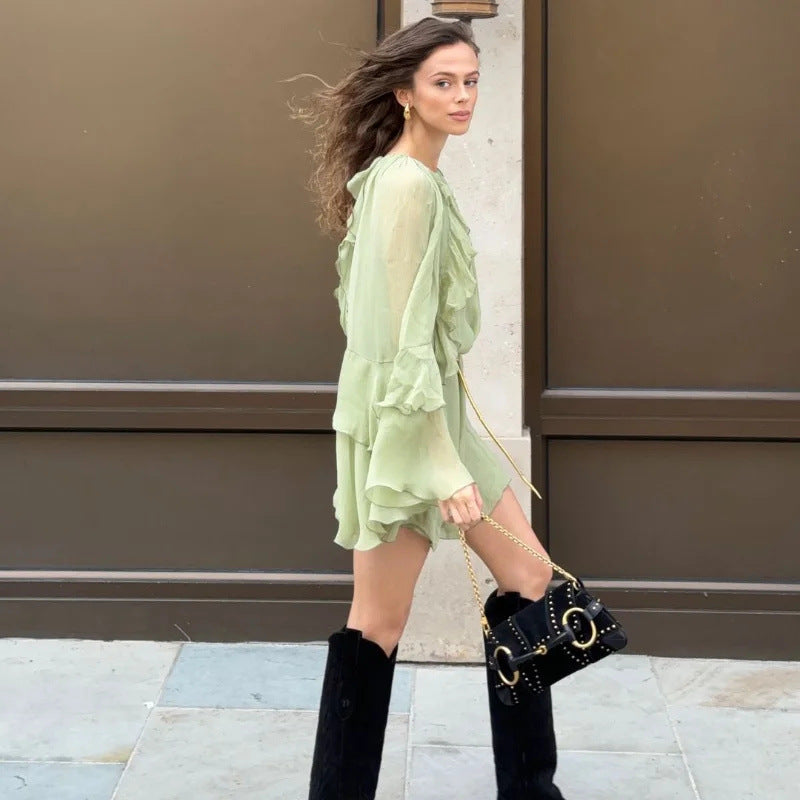 Kvinnors Trädgårdsklänning Ruffles Transparenta Ärmar Andningsbara Tyger 3