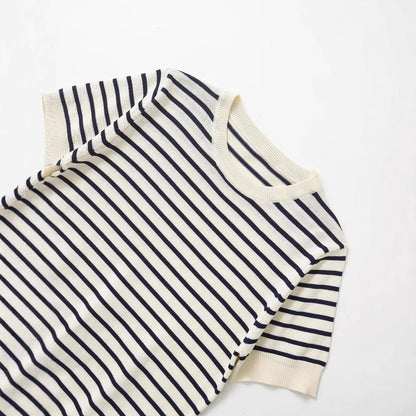 Dam T-shirt Randig Bomull Klassisk Passform Korta Ärmar-3