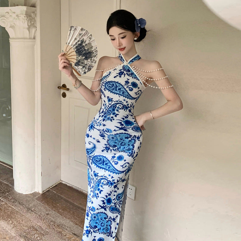 Kvinnors Lång Klänning Halterneck Polyester Spandex-2