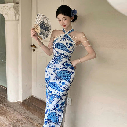 Kvinnors Lång Klänning Halterneck Polyester Spandex-2