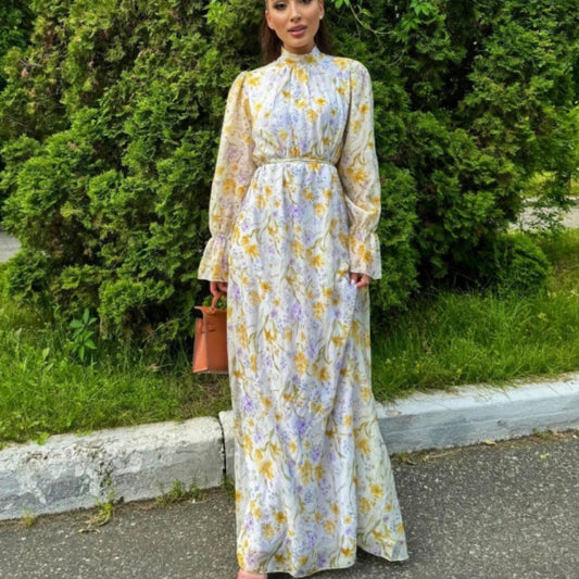 Kvinna Lång Klänning Blommönster Chiffong 1