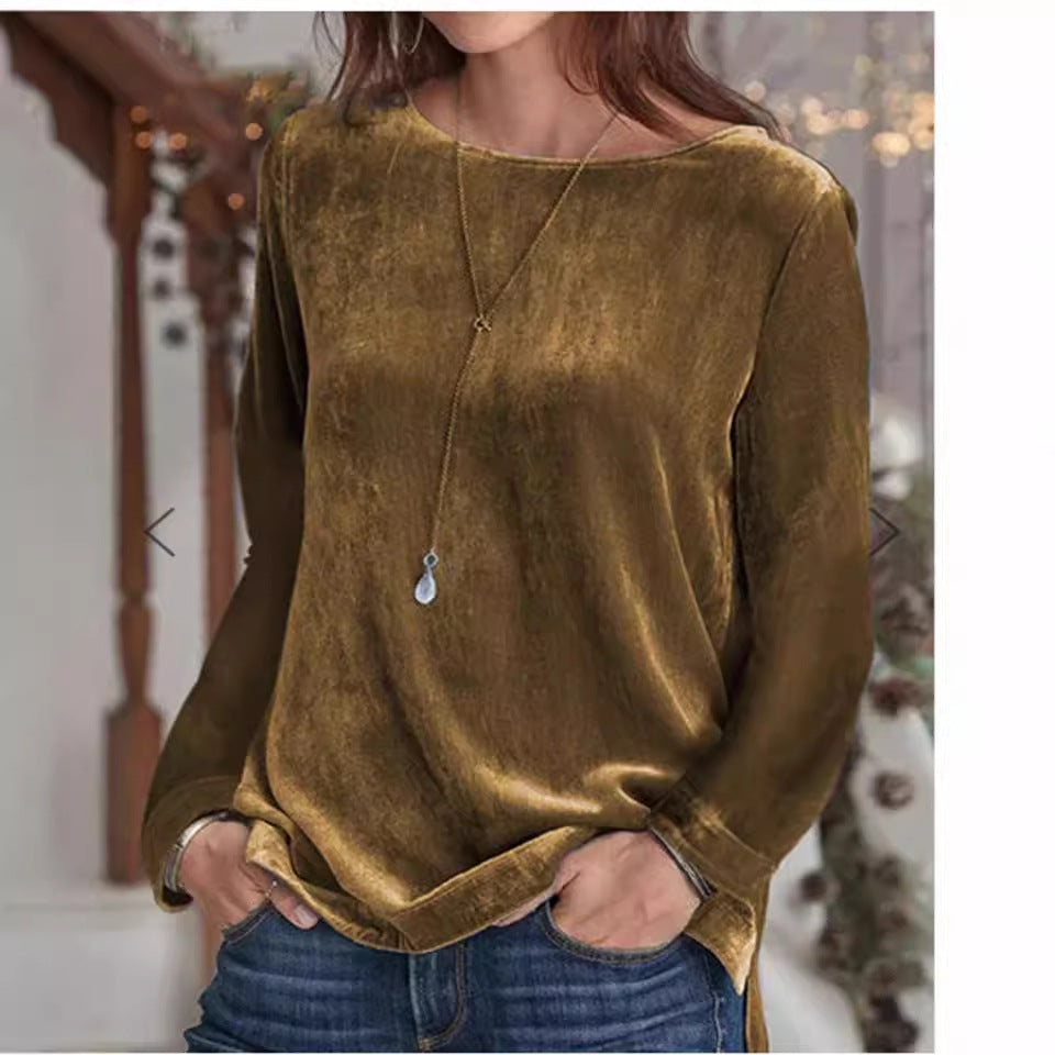 Dam Tröja Rundhals Sammet Löst Passform-4