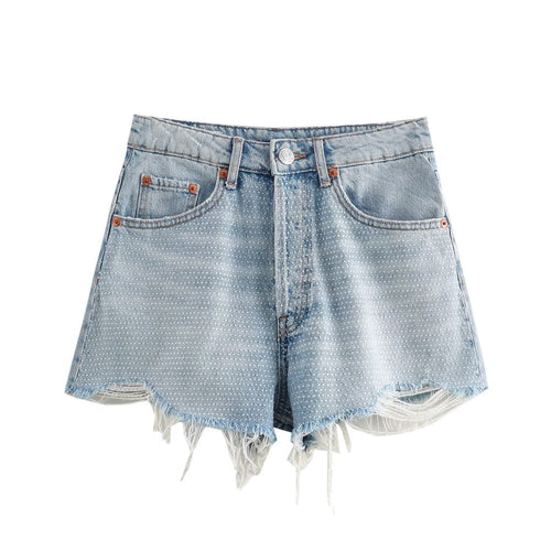 Kvinnors Denimshorts Avslappnad Snitt Fransad Bomull 1