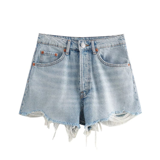 Kvinnors Denimshorts Avslappnad Snitt Fransad Bomull 1