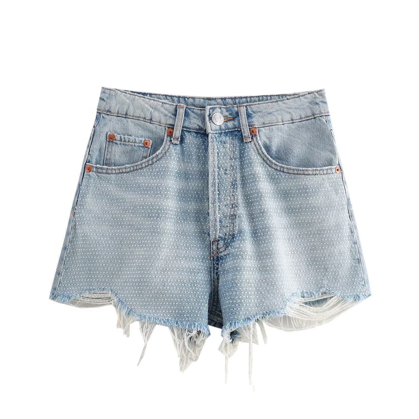 Kvinnors Denimshorts Avslappnad Snitt Fransad Bomull 5