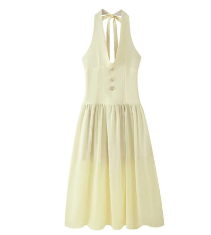 Sommarklänning Dam Djup V-ringning med Dekorativa Knappar Mjukt Tyg 1