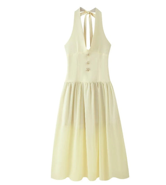 Sommarklänning Dam Djup V-ringning med Dekorativa Knappar Mjukt Tyg 1