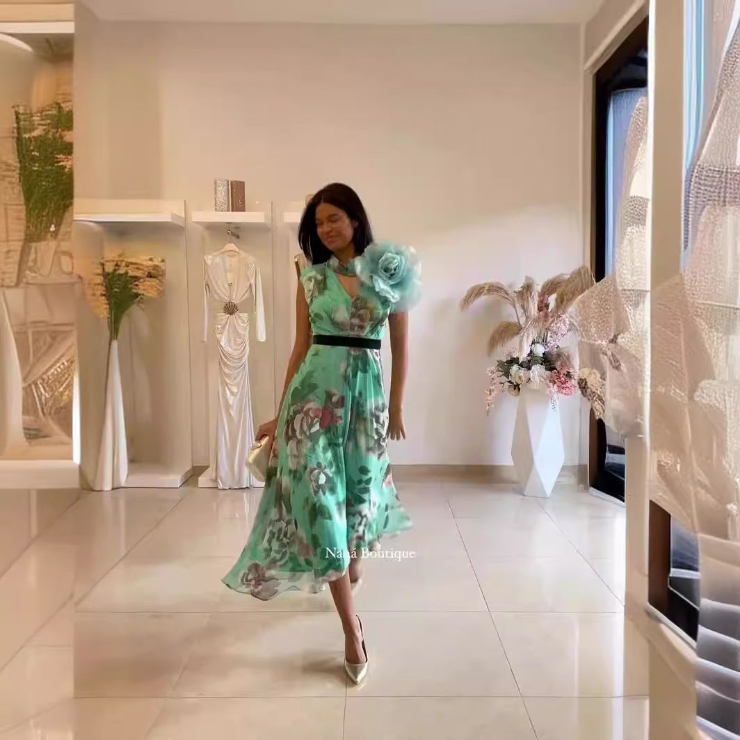 Dam Midi Klänning A-linjeformad Söt Polyester-3