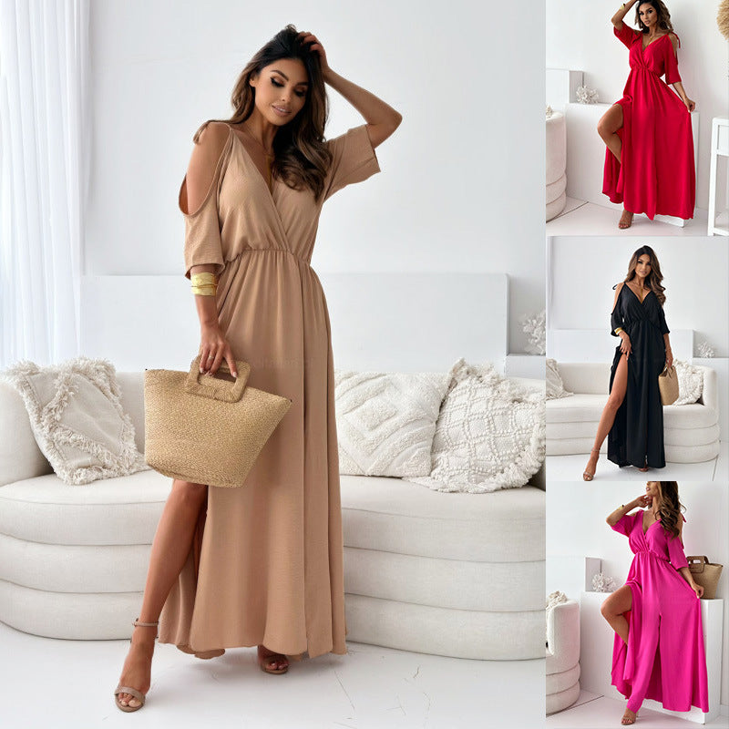 Damklänning A-Linjeformad V-Neck Polyesterblandning Elegant-2