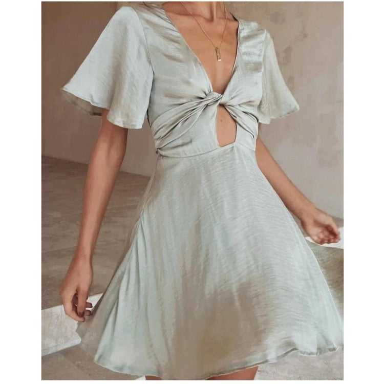 Kvinna Miniklänning V-ringning A-linje Polyester Kort Ärmar-4