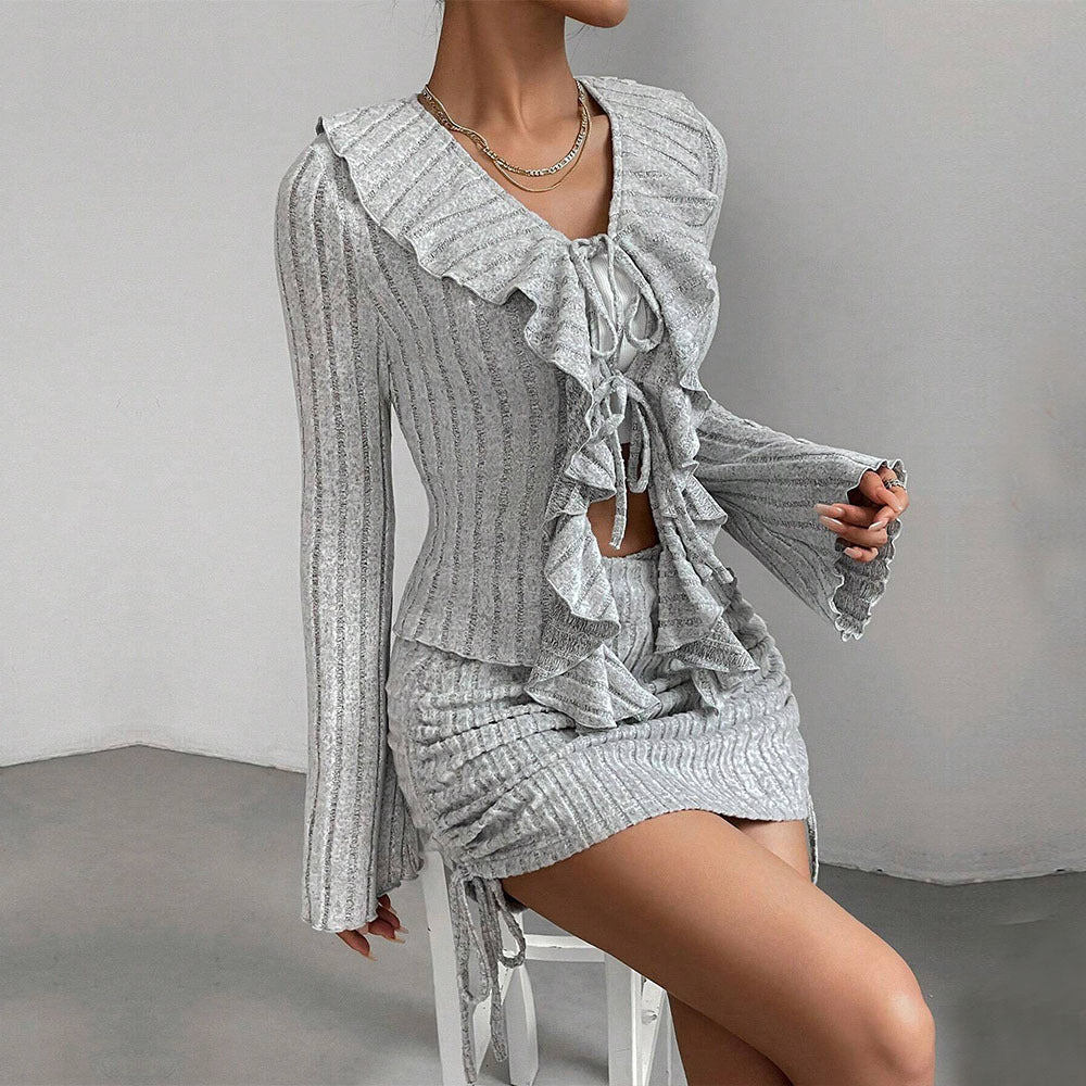 Tvådelat Set Dam Kjol Rynkad Kant Polyester Slim Fit-2