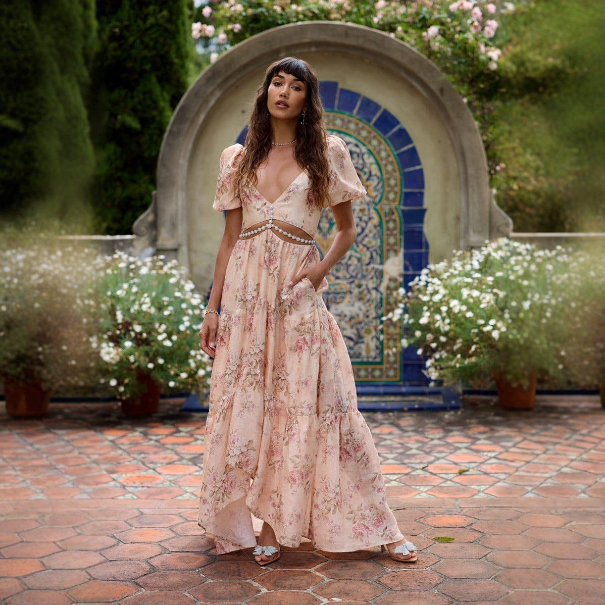 Dam V-ringad Klänning Tryckt Polyester med Slits-2