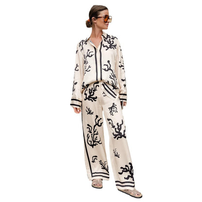 Variant image for Dam Blommönstrad Långärmad Skjorta och Byxor i Mjuk Tyg för Sommar-1