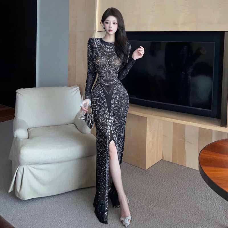 Maxiklänning Dam Med Mesh Och Rhinestones Lång Ärmar Elegant Slitsdesign 3