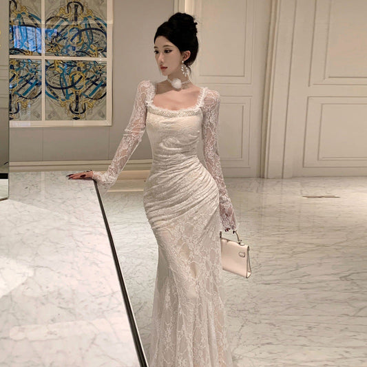 Kvinnors Festivalklänning Fyrkantig Halsringning Långärmad Högkvalitativt Tyg-1