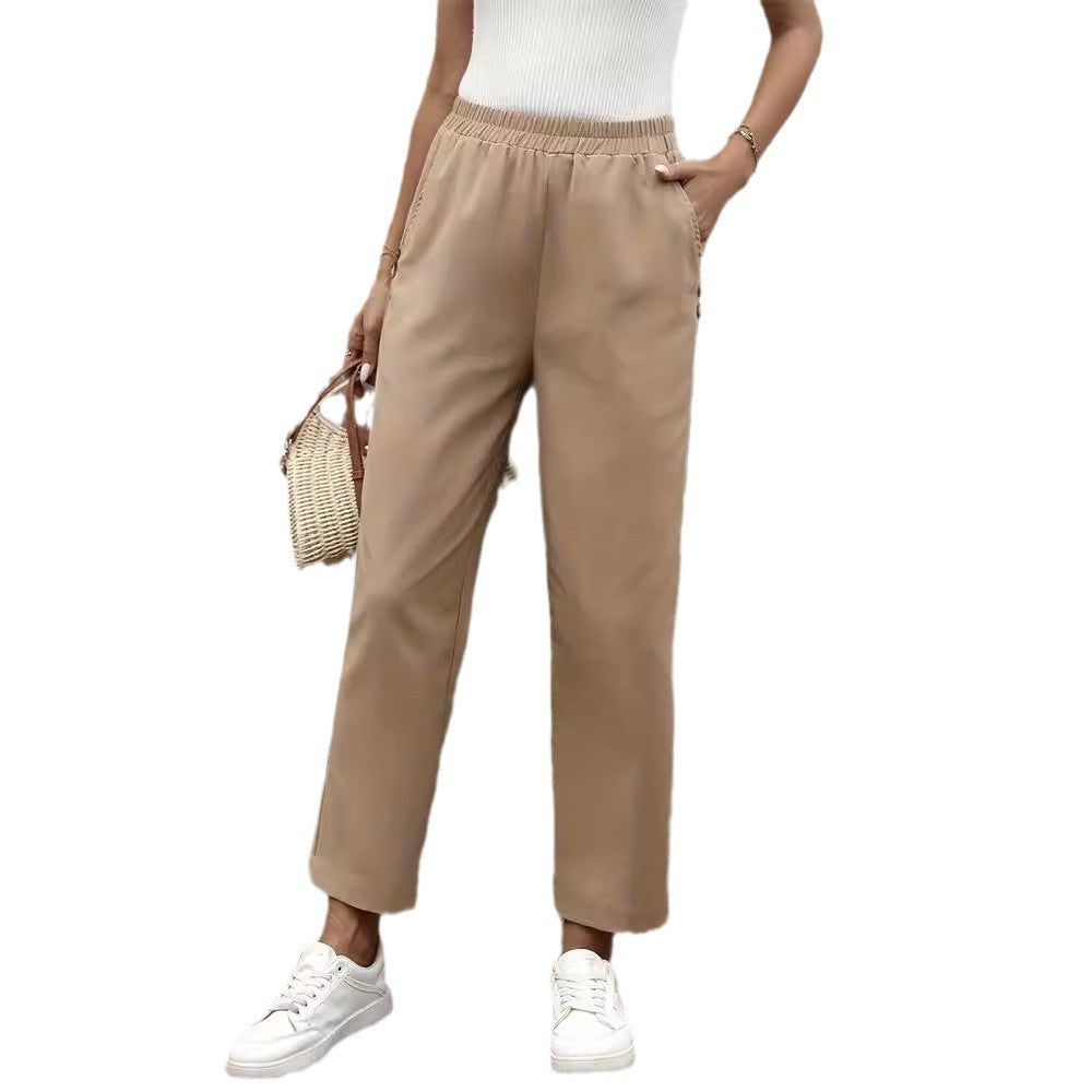 Dam Fritidsbyxor Elastiskt Midjeband Lätt Tyg med Sidfickor 6