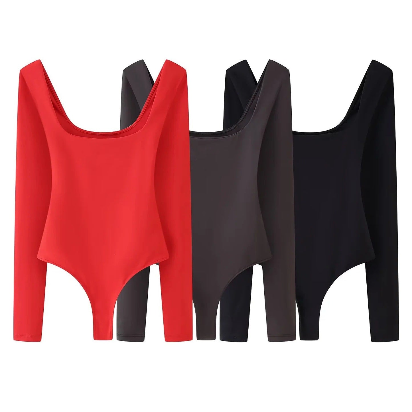 Dam Bodysuit Långärmad Djup Halsringning Elastisk-2