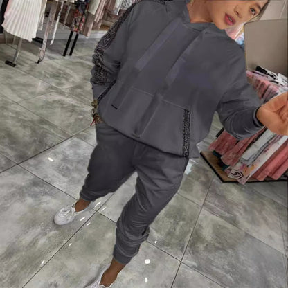 Dam Hoodie Set med Paljetter och Långärmad Byxor i Polyester-4