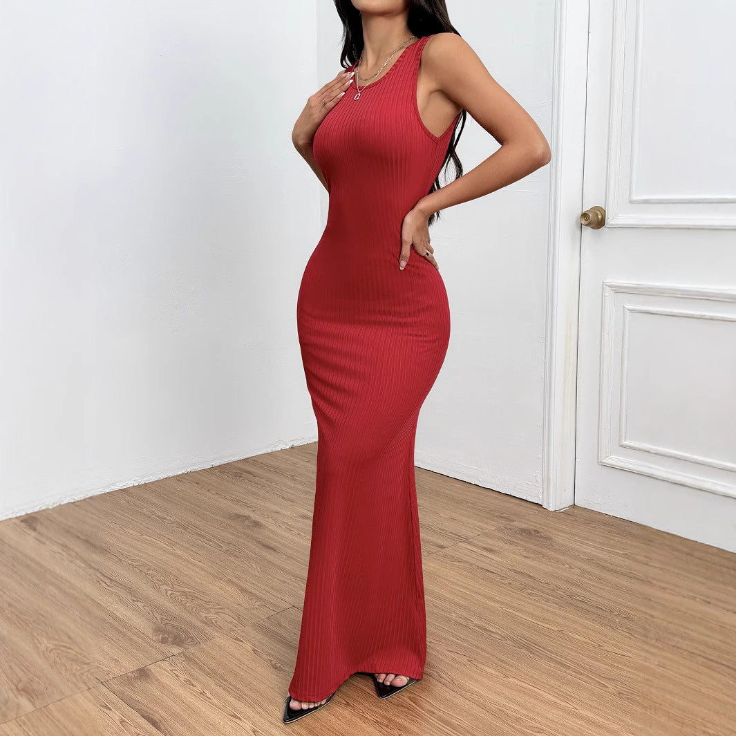 Dam Aftonklänning Lång Bakre Halsringsdesign Monokrom Högkvalitativt Tyg-4