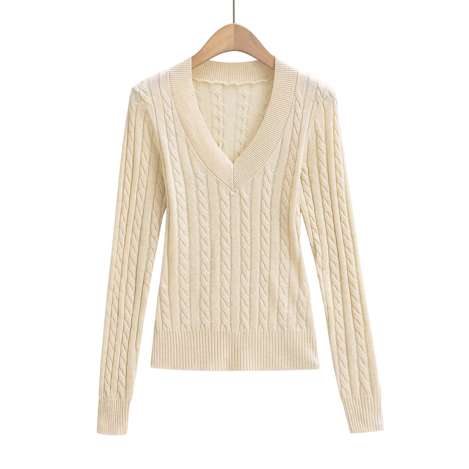 Dam Stickad Tröja V-ringning Kabelmönster Bomull Avslappnad Passform 5