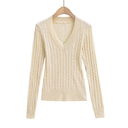 Dam Stickad Tröja V-ringning Kabelmönster Bomull Avslappnad Passform 5
