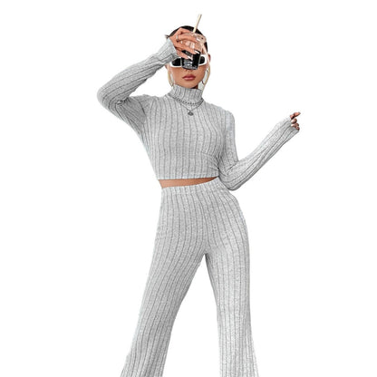 Tvådelat Set Dam med Långärmad Top och Vida Byxor i Ribbat Material – Elegant och Bekväm Stil 6