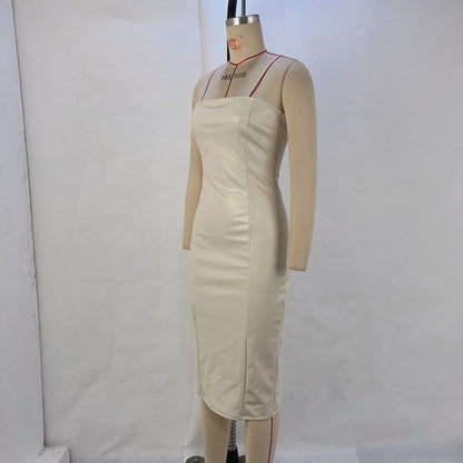 Dam Klänning Stropplös Figurnära PU Midi-6