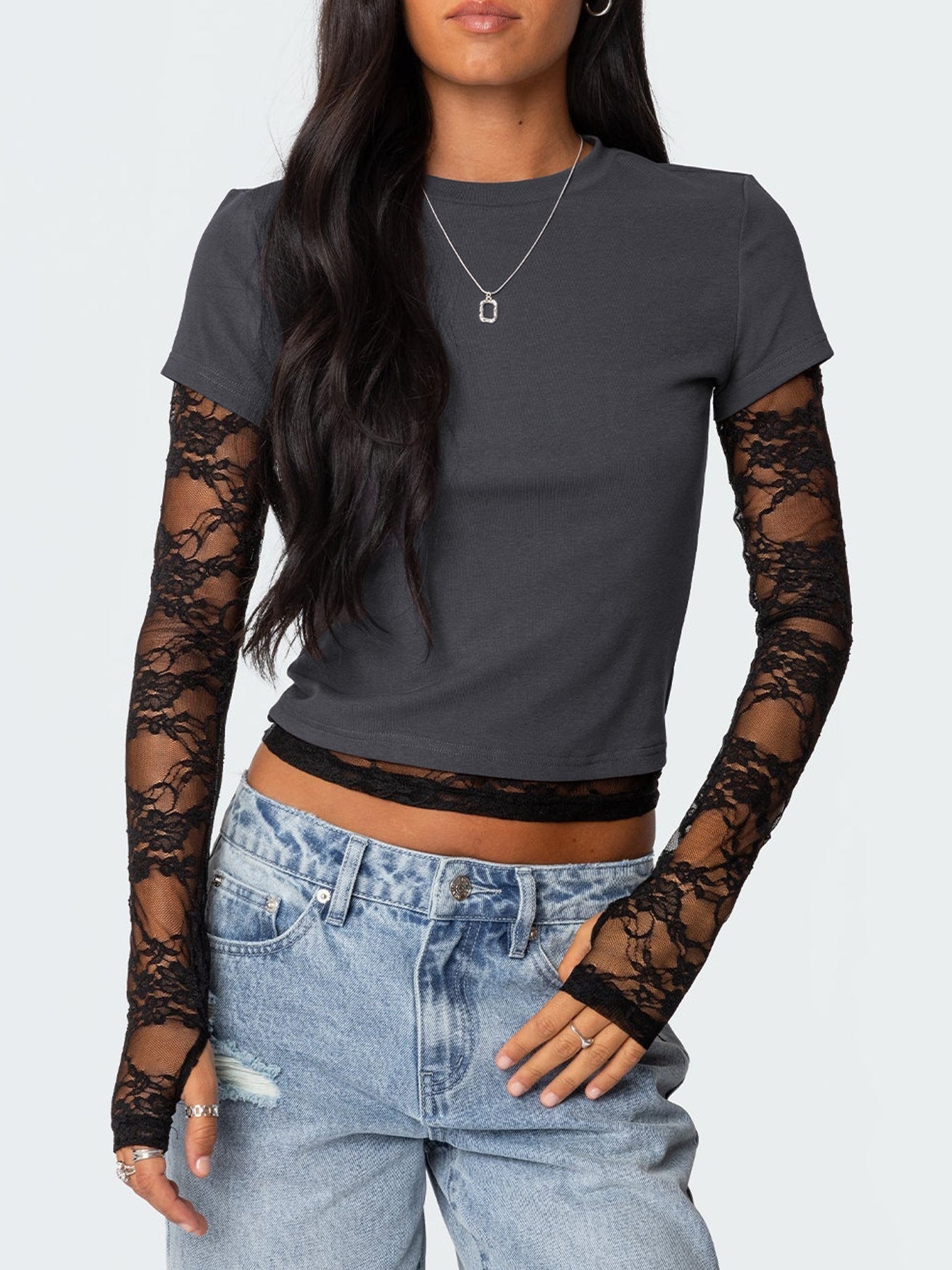 Variant image for Långärmad T-Shirt Dam Rundhals Polyester Trendig Splicering-16