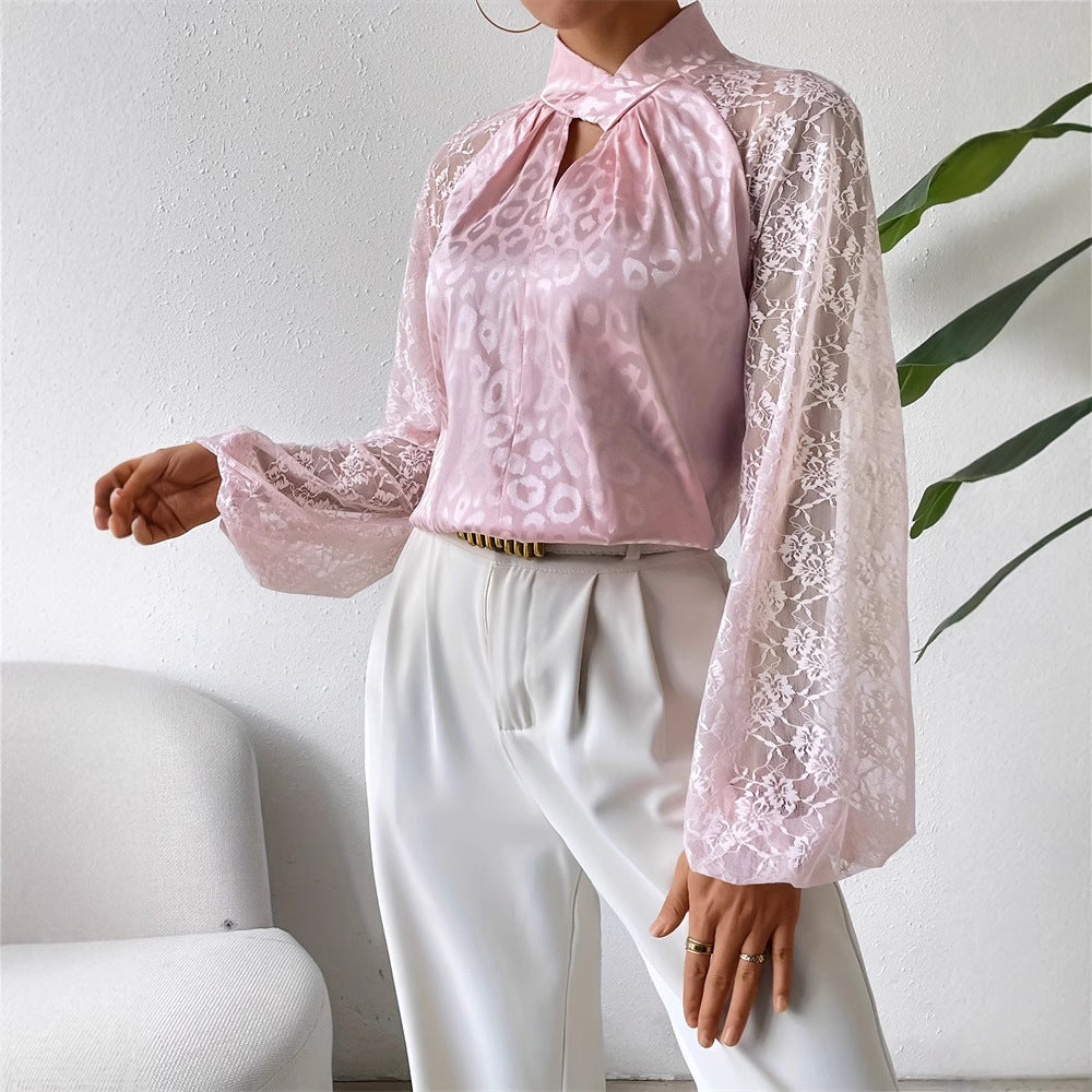 Kvinnors Blus Transparenta Spetsärmar Ståkrage Lätt Tyg 4