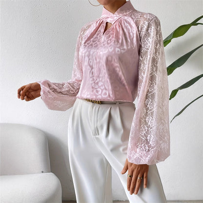 Kvinnors Blus Transparenta Spetsärmar Ståkrage Lätt Tyg 4