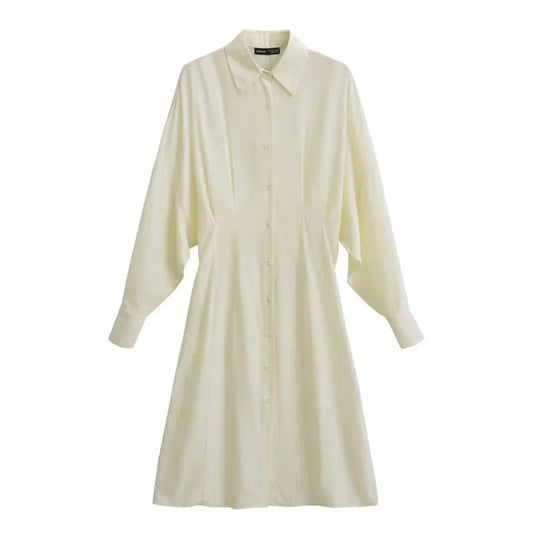 Dam Skjortablusklänning med Puffärmar och Svängande Kjol i Lätt Material-1